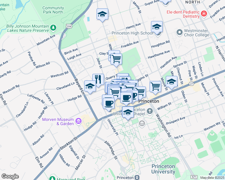 map of restaurants, bars, coffee shops, grocery stores, and more near Palmer Square West in Princeton