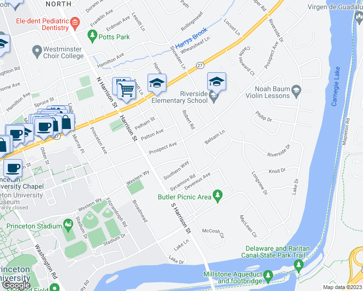 map of restaurants, bars, coffee shops, grocery stores, and more near 261 Prospect Avenue in Princeton