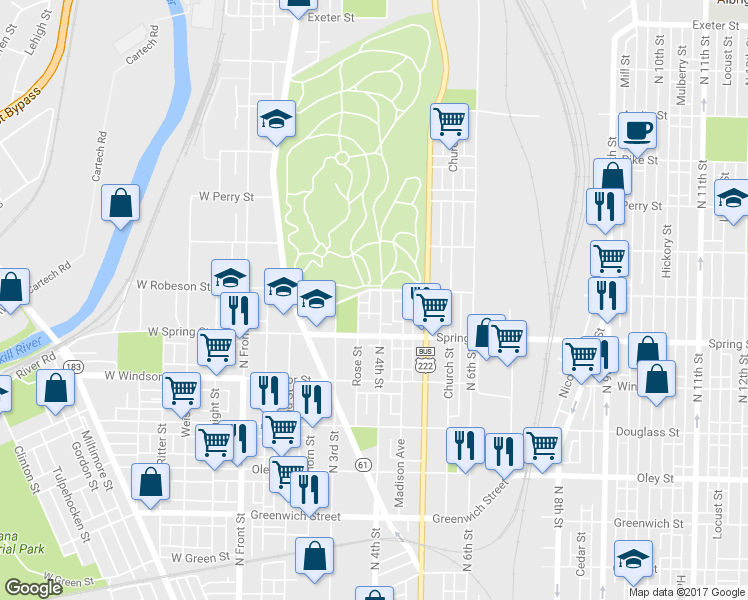 map of restaurants, bars, coffee shops, grocery stores, and more near 1048 N 4th St in Reading