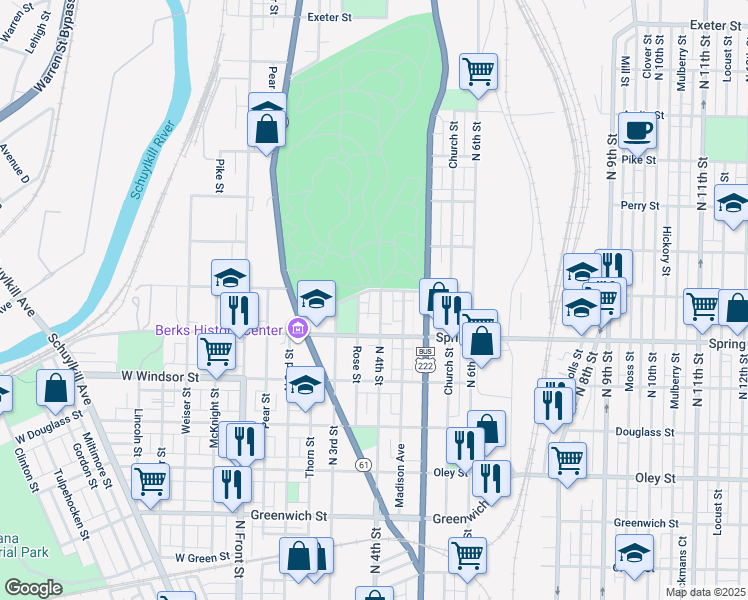 map of restaurants, bars, coffee shops, grocery stores, and more near 1048 N 4th St in Reading