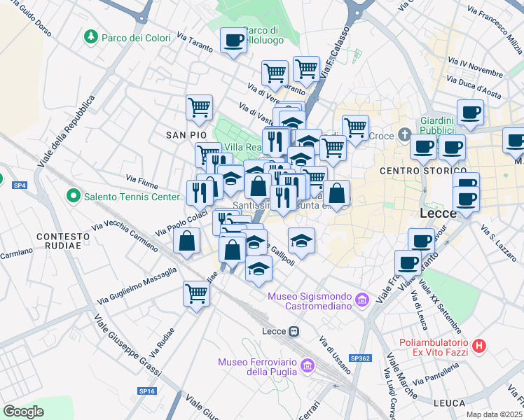map of restaurants, bars, coffee shops, grocery stores, and more near 30 Viale dell'Università in Lecce