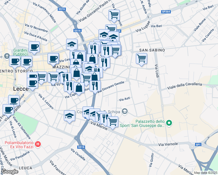 map of restaurants, bars, coffee shops, grocery stores, and more near 38 Via Giovanni Gentile in Lecce