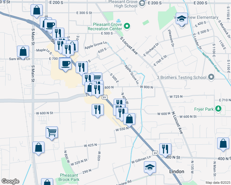 map of restaurants, bars, coffee shops, grocery stores, and more near 484 East 1000 South in Pleasant Grove