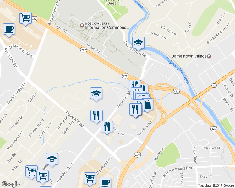 map of restaurants, bars, coffee shops, grocery stores, and more near 301 Peters Way in Wyomissing
