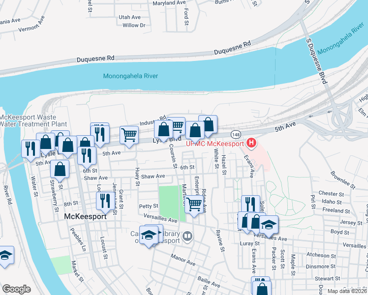 map of restaurants, bars, coffee shops, grocery stores, and more near 904 5th Avenue in McKeesport