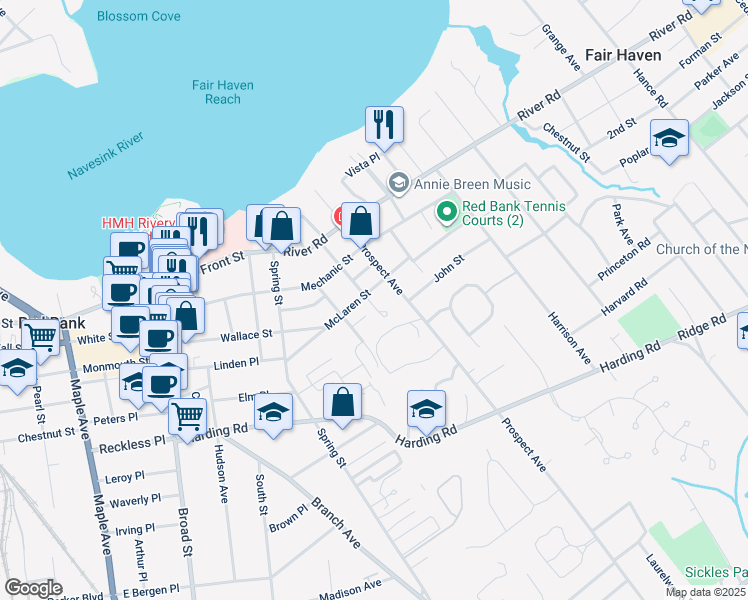 map of restaurants, bars, coffee shops, grocery stores, and more near 100 Mclaren Street in Red Bank