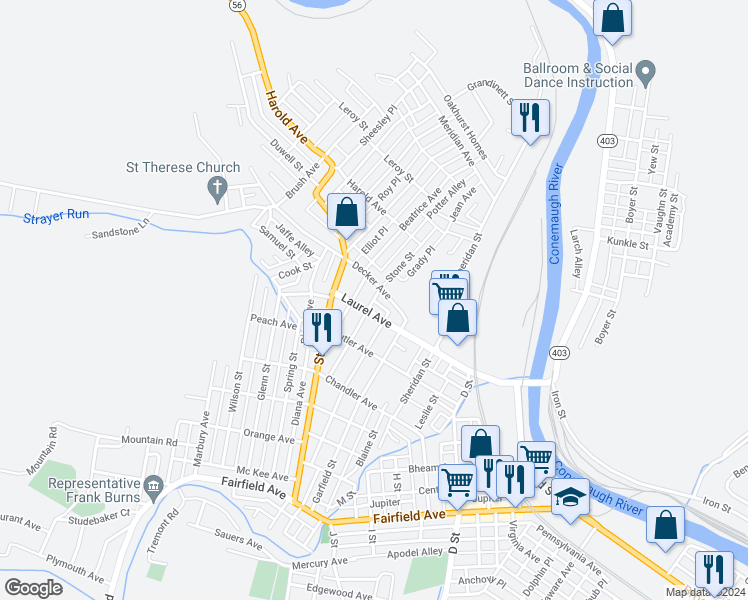 map of restaurants, bars, coffee shops, grocery stores, and more near Stone Street in Johnstown