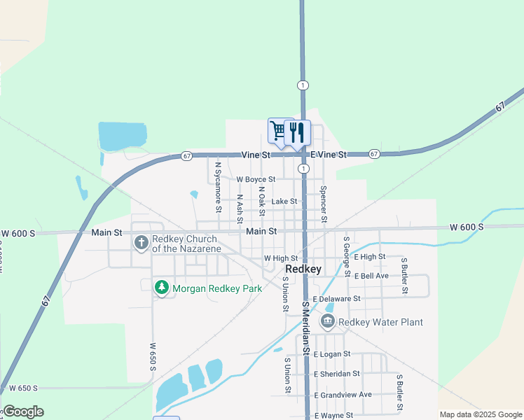 map of restaurants, bars, coffee shops, grocery stores, and more near W Plum St in Redkey