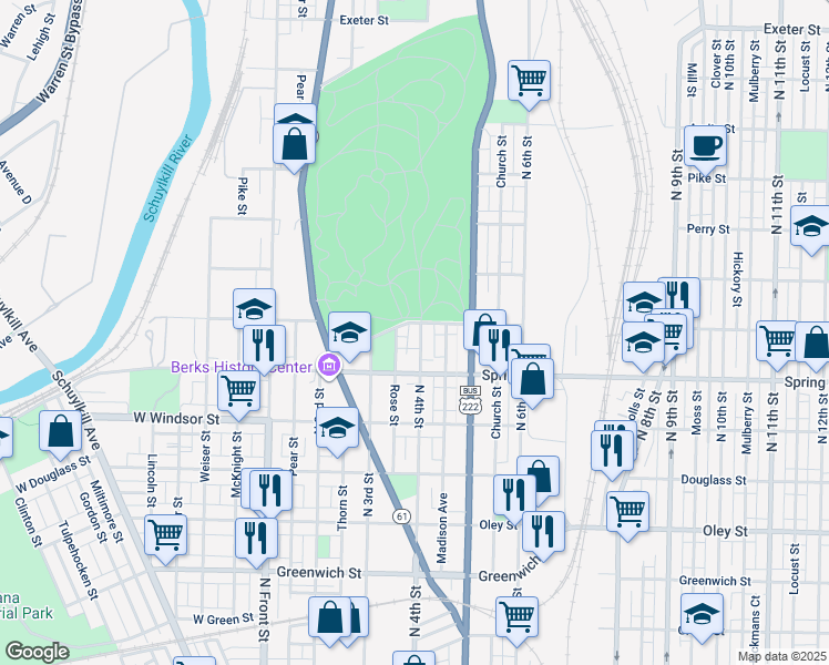 map of restaurants, bars, coffee shops, grocery stores, and more near 1050 North 4th Street in Reading