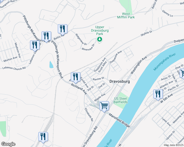 map of restaurants, bars, coffee shops, grocery stores, and more near 9 5th Street in Dravosburg