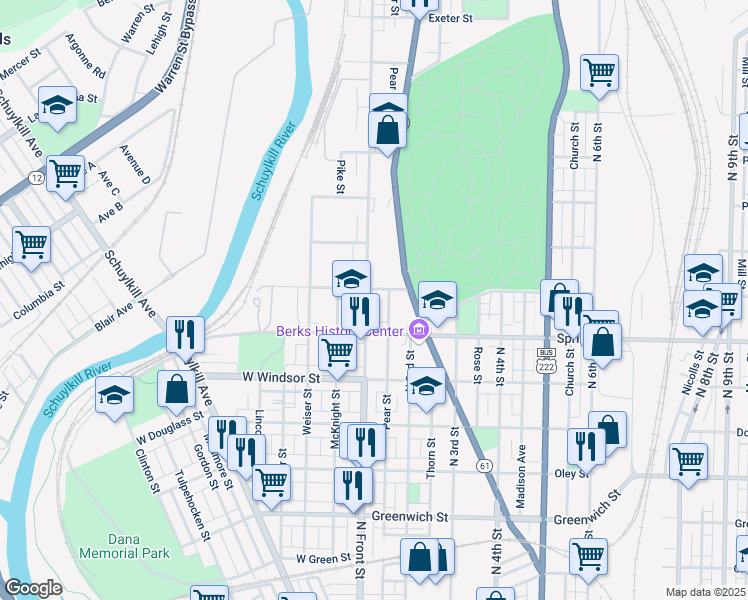 map of restaurants, bars, coffee shops, grocery stores, and more near 1040 Pear Street in Reading