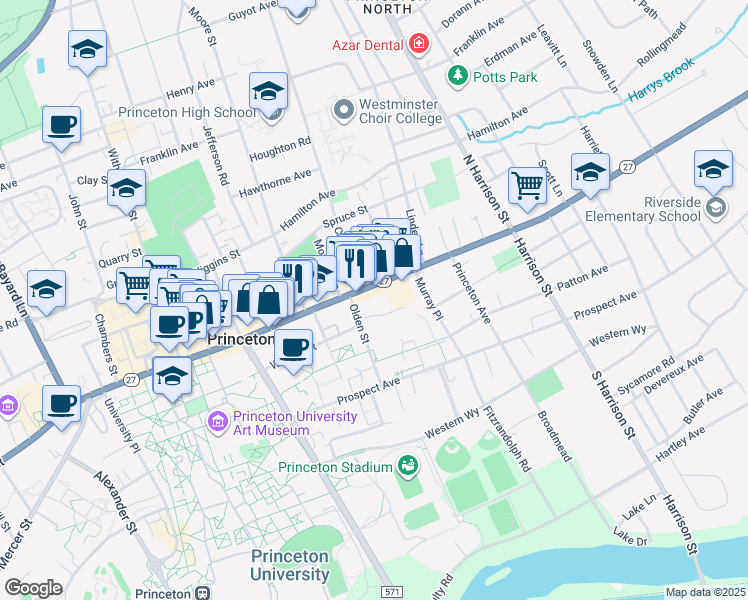 map of restaurants, bars, coffee shops, grocery stores, and more near 239 Nassau Street in Princeton