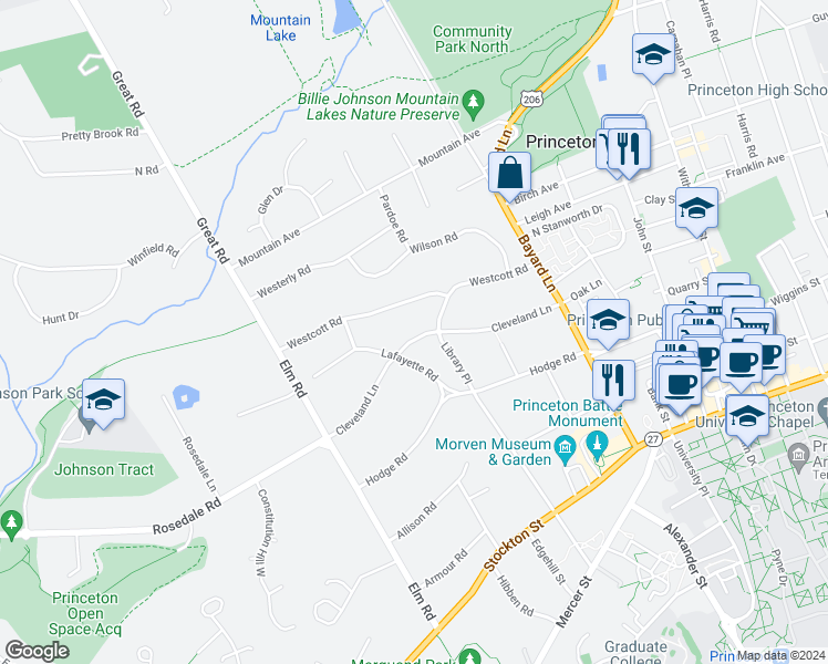 map of restaurants, bars, coffee shops, grocery stores, and more near 61 Cleveland Lane in Princeton