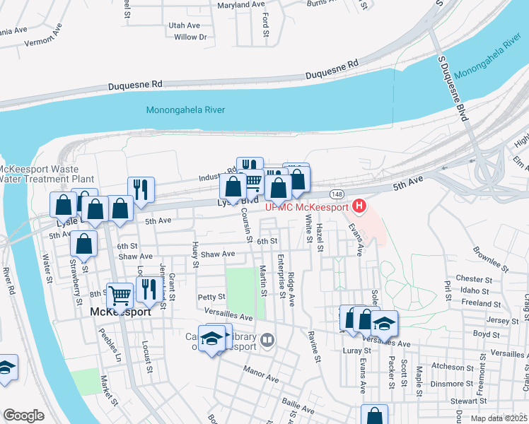 map of restaurants, bars, coffee shops, grocery stores, and more near 908 5th Avenue in McKeesport