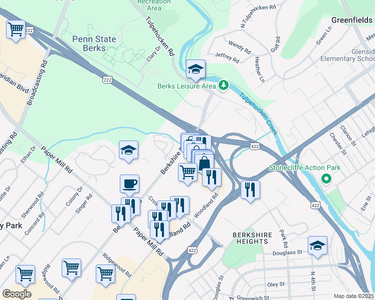 map of restaurants, bars, coffee shops, grocery stores, and more near 792 Woodland Road in Wyomissing