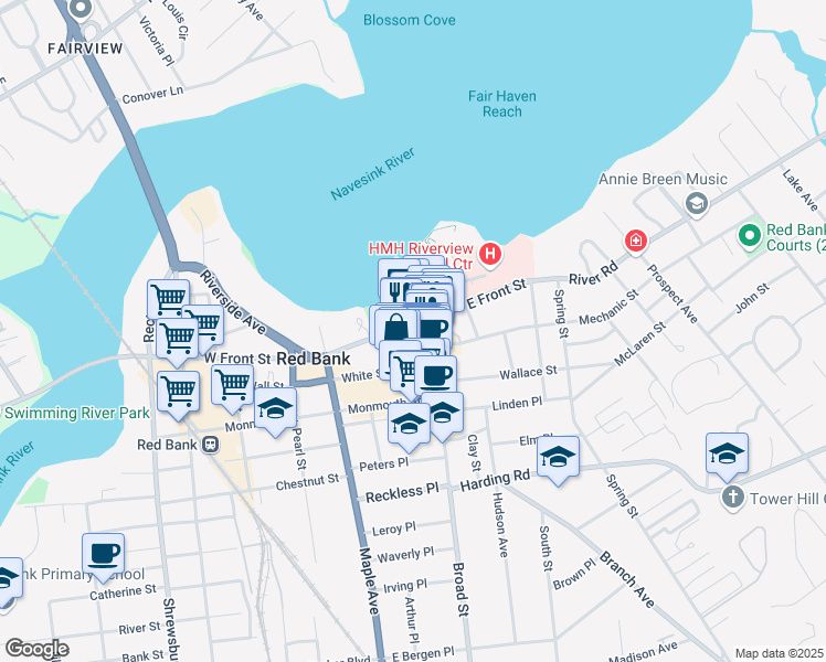 map of restaurants, bars, coffee shops, grocery stores, and more near 43 County Route 10 in Red Bank