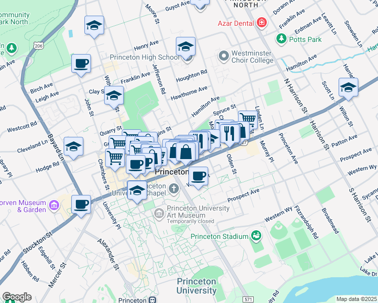 map of restaurants, bars, coffee shops, grocery stores, and more near 6 Moore Street in Princeton