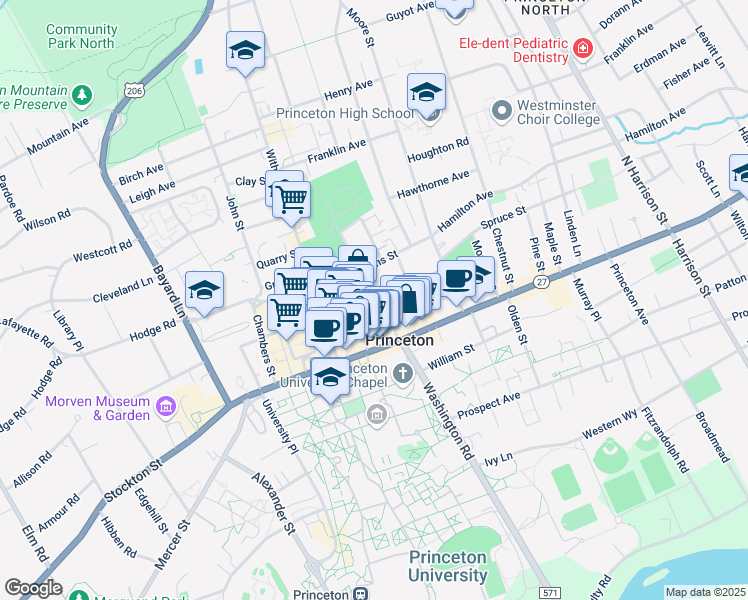 map of restaurants, bars, coffee shops, grocery stores, and more near 22 Vandeventer Avenue in Princeton