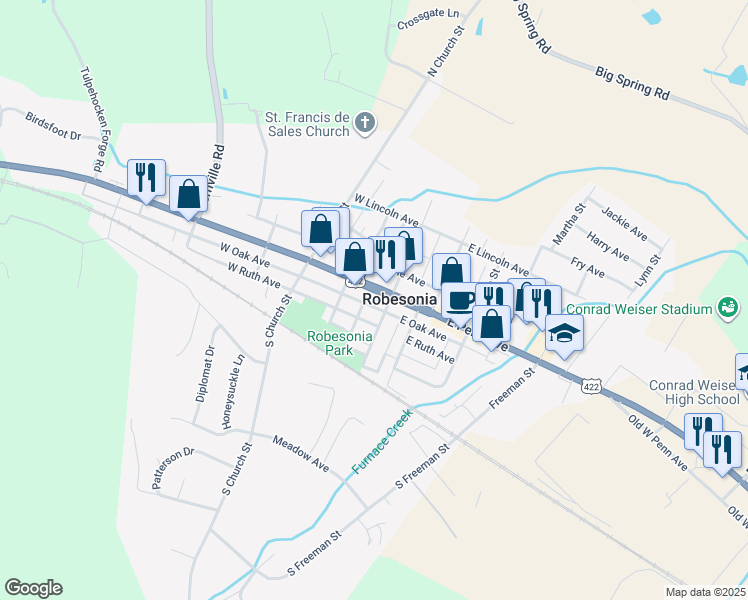 map of restaurants, bars, coffee shops, grocery stores, and more near 2 Penn Avenue in Robesonia