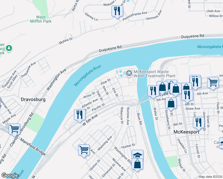 map of restaurants, bars, coffee shops, grocery stores, and more near 228 Atlantic Avenue in McKeesport