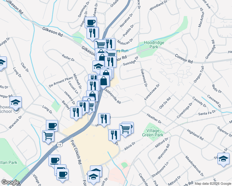 map of restaurants, bars, coffee shops, grocery stores, and more near 211 Abbeyville Road in Mount Lebanon