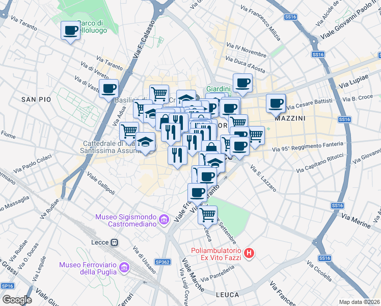 map of restaurants, bars, coffee shops, grocery stores, and more near 15 Via Giuseppe Verdi in Lecce