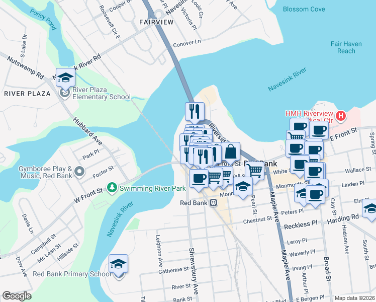 map of restaurants, bars, coffee shops, grocery stores, and more near 14 Bridge Avenue in Red Bank