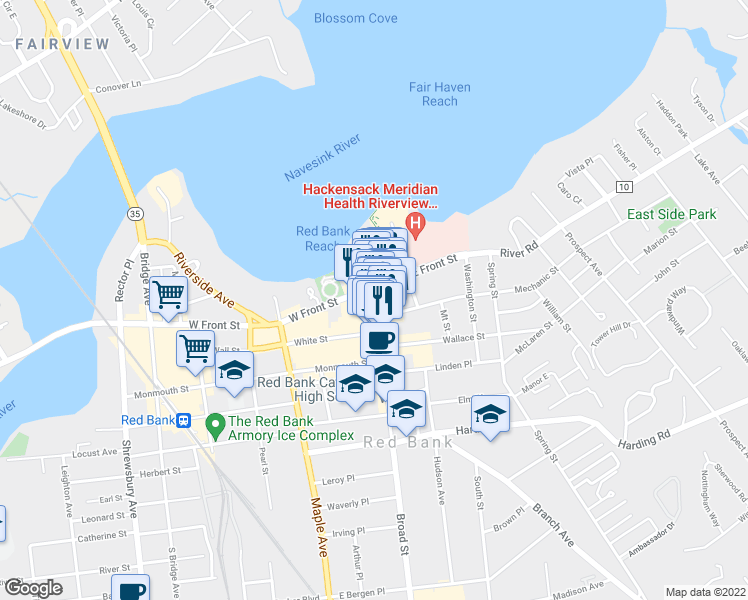 map of restaurants, bars, coffee shops, grocery stores, and more near 18 Broad Street in Red Bank