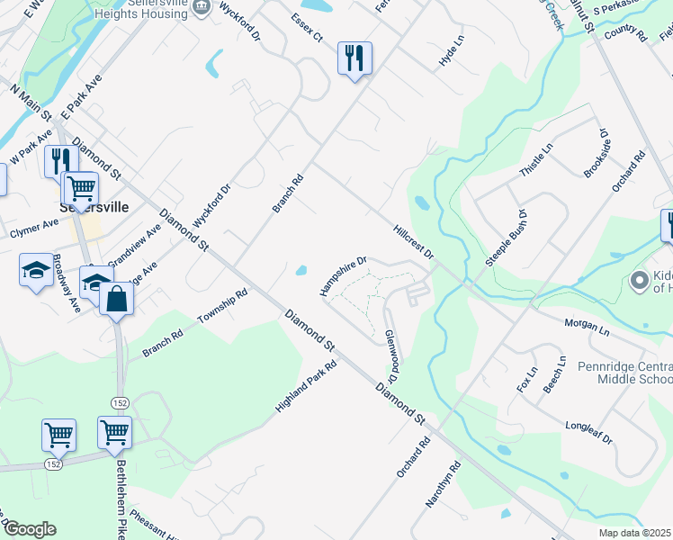 map of restaurants, bars, coffee shops, grocery stores, and more near 196 Hampshire Drive in Sellersville