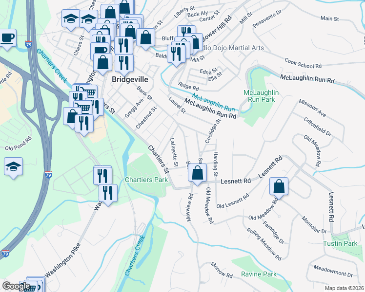 map of restaurants, bars, coffee shops, grocery stores, and more near 1060 Bank Street in Bridgeville