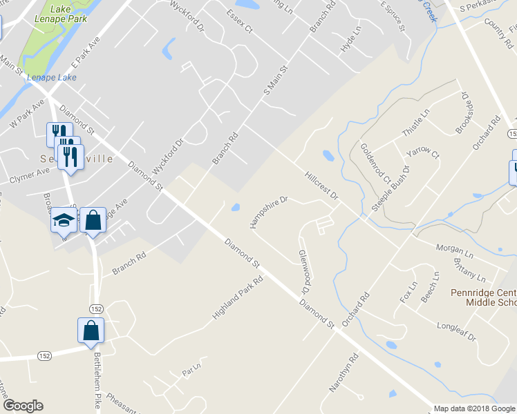 map of restaurants, bars, coffee shops, grocery stores, and more near 214 Hampshire Drive in Sellersville