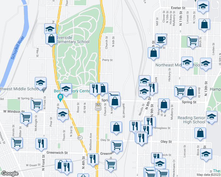 map of restaurants, bars, coffee shops, grocery stores, and more near 1060 North 6th Street in Reading