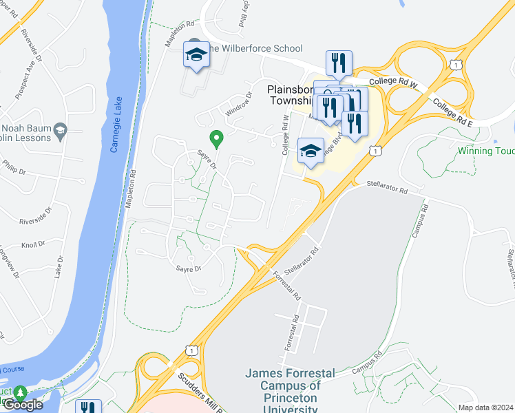 map of restaurants, bars, coffee shops, grocery stores, and more near 2214 Sayre Drive in Princeton
