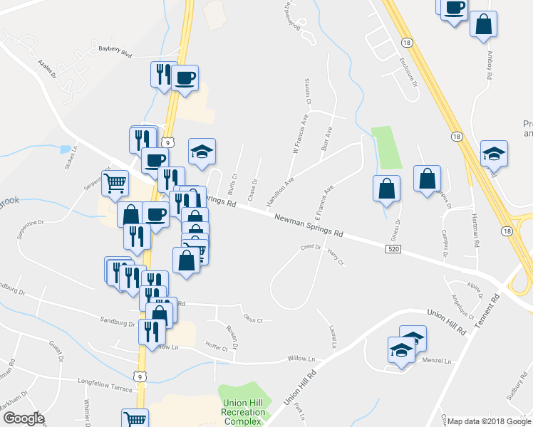 map of restaurants, bars, coffee shops, grocery stores, and more near County Road 520 & Hamilton Avenue in Marlboro Township