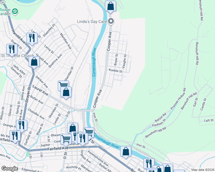 map of restaurants, bars, coffee shops, grocery stores, and more near 114 Hagen Street in Johnstown