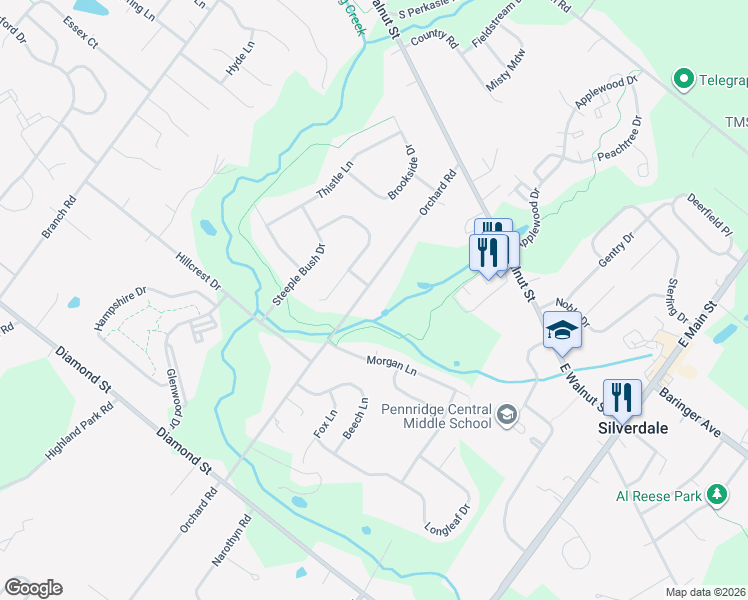 map of restaurants, bars, coffee shops, grocery stores, and more near 223 Orchard Road in Perkasie