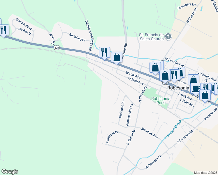 map of restaurants, bars, coffee shops, grocery stores, and more near 1 Timber Lane in Robesonia