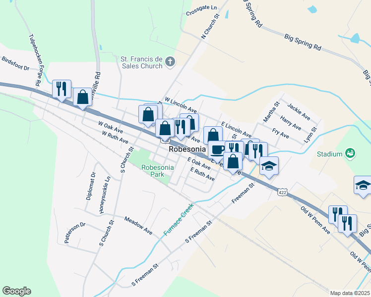 map of restaurants, bars, coffee shops, grocery stores, and more near 14 Penn Avenue in Robesonia