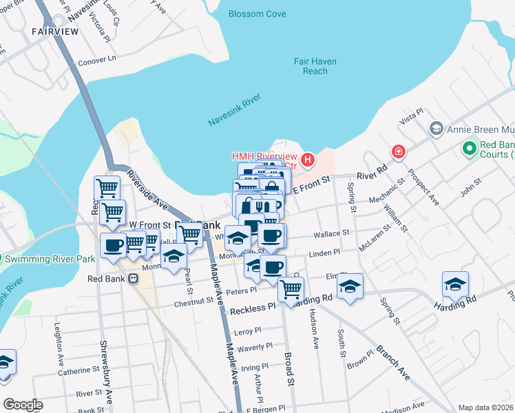 map of restaurants, bars, coffee shops, grocery stores, and more near 43 County Route 10 in Red Bank