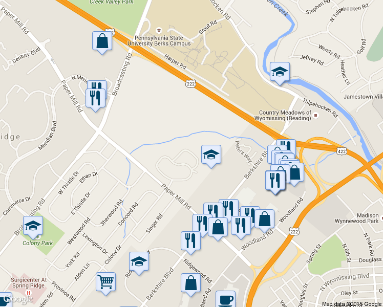 map of restaurants, bars, coffee shops, grocery stores, and more near 130 Primrose Lane in Reading