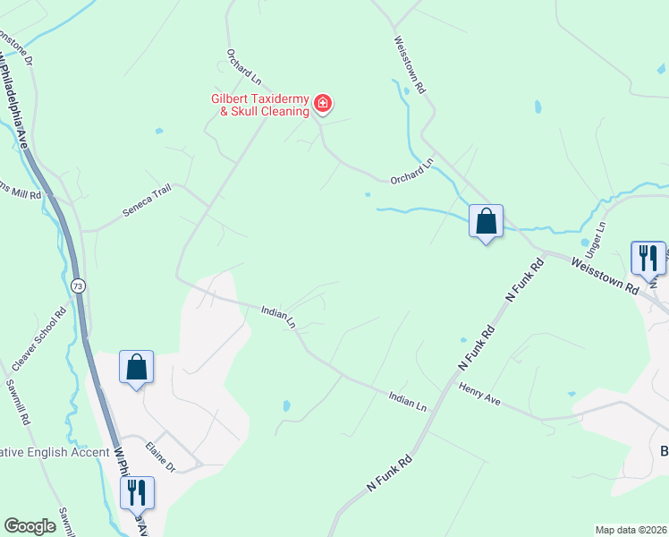 map of restaurants, bars, coffee shops, grocery stores, and more near 250 Indian Lane in Boyertown