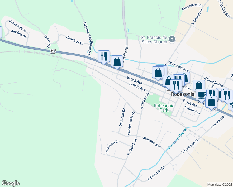 map of restaurants, bars, coffee shops, grocery stores, and more near 333 Timber Lane in Robesonia