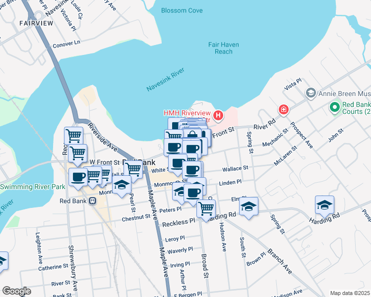 map of restaurants, bars, coffee shops, grocery stores, and more near 16 Broad Street in Red Bank