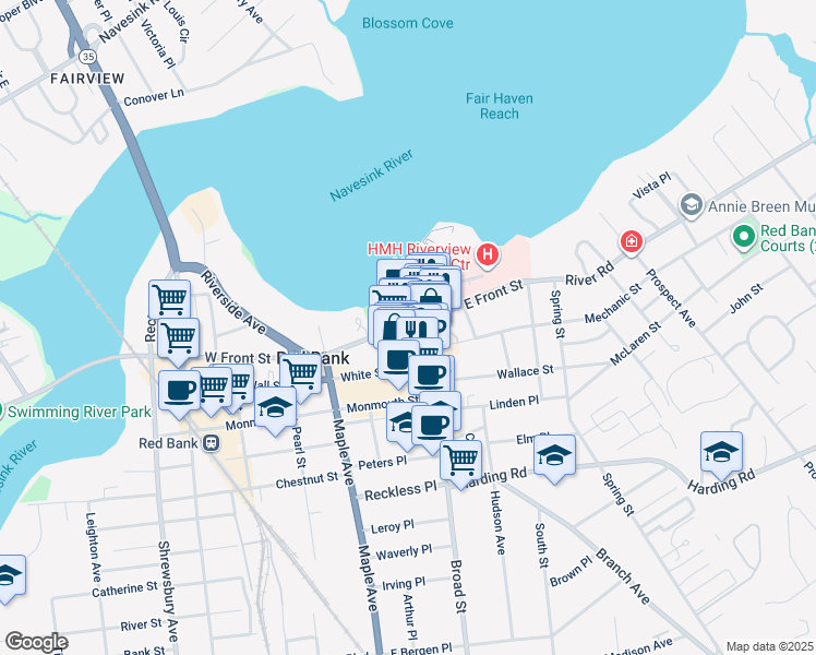 map of restaurants, bars, coffee shops, grocery stores, and more near 43 County Route 10 in Red Bank