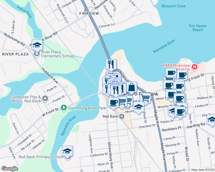 map of restaurants, bars, coffee shops, grocery stores, and more near 14 Bridge Avenue in Red Bank