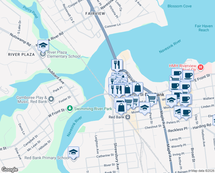 map of restaurants, bars, coffee shops, grocery stores, and more near 15 Rector Place in Red Bank
