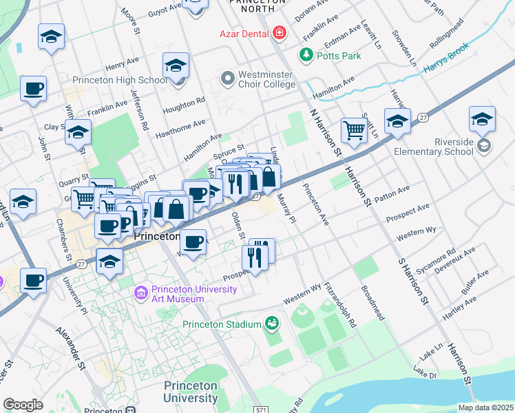 map of restaurants, bars, coffee shops, grocery stores, and more near 255 Nassau Street in Princeton