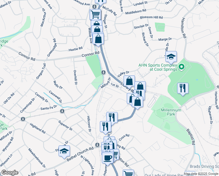 map of restaurants, bars, coffee shops, grocery stores, and more near 4480 2nd Street in Bethel Park