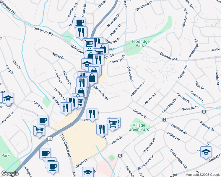 map of restaurants, bars, coffee shops, grocery stores, and more near 64 Sprucewood Drive in Pittsburgh