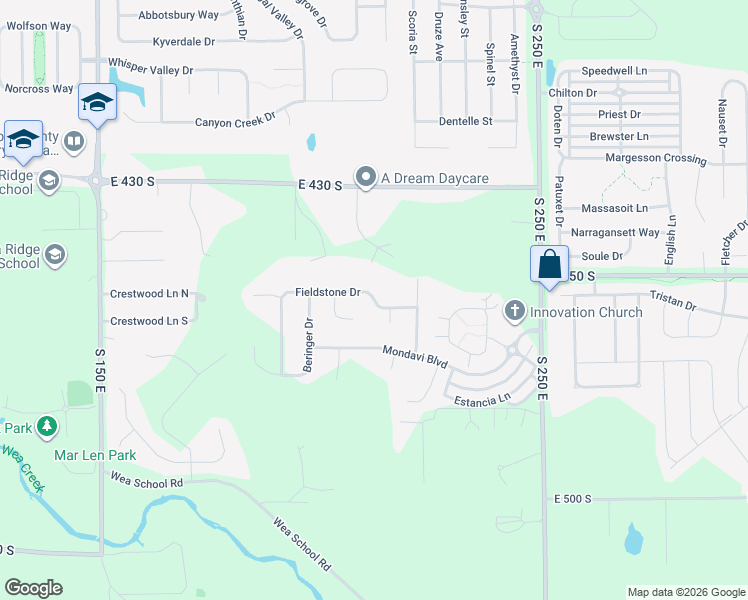 map of restaurants, bars, coffee shops, grocery stores, and more near Fieldstone Drive in Lafayette